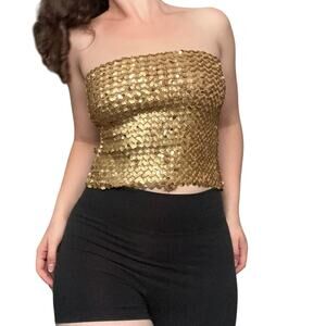 Vintage 70s Disco Gold Sequin Tube Top Going Out Glitter Sparkle New Years Party